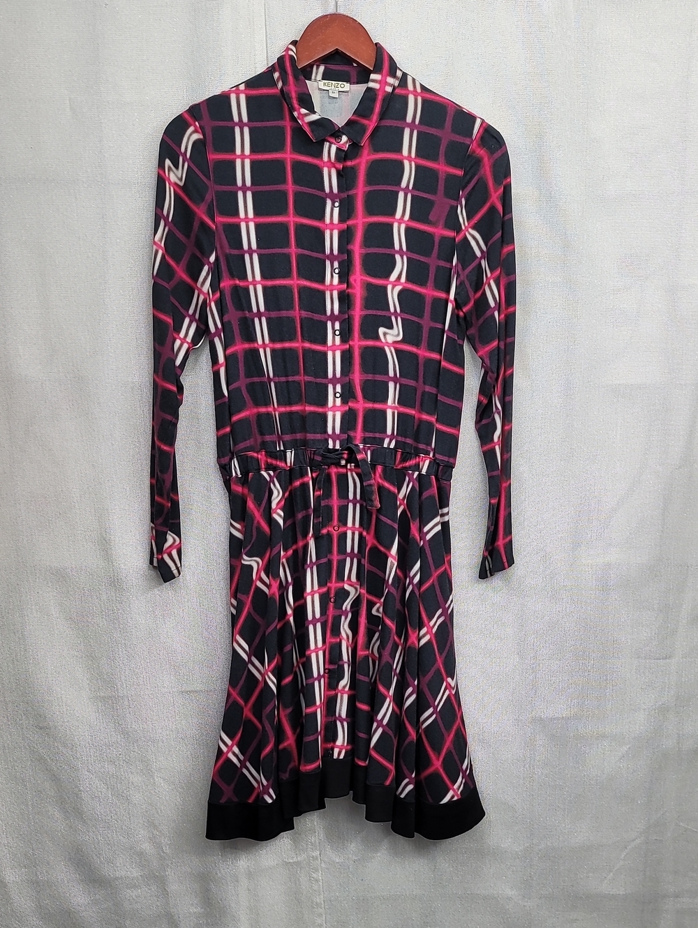 Kenzo Black, Pink and White Plaid Long-Sleeve Shirt Dress Size 16A